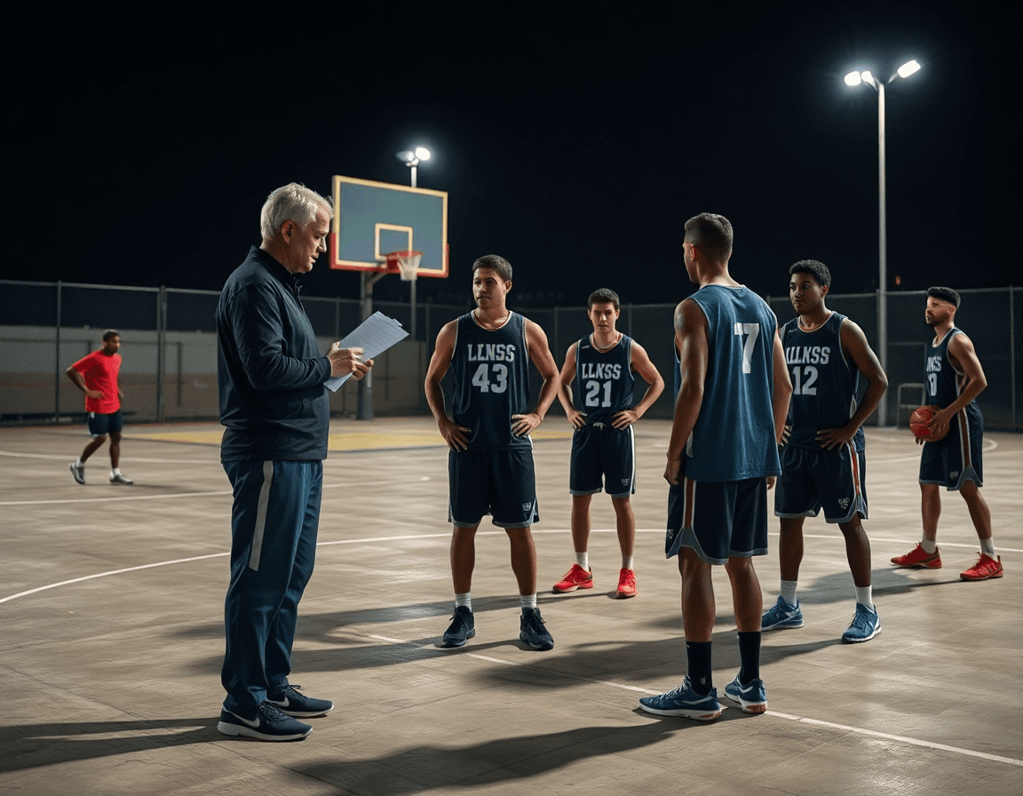 Scouting difesa individuale basket all'aperto su campo di basket; coach con clipboard e palloni disponibili.