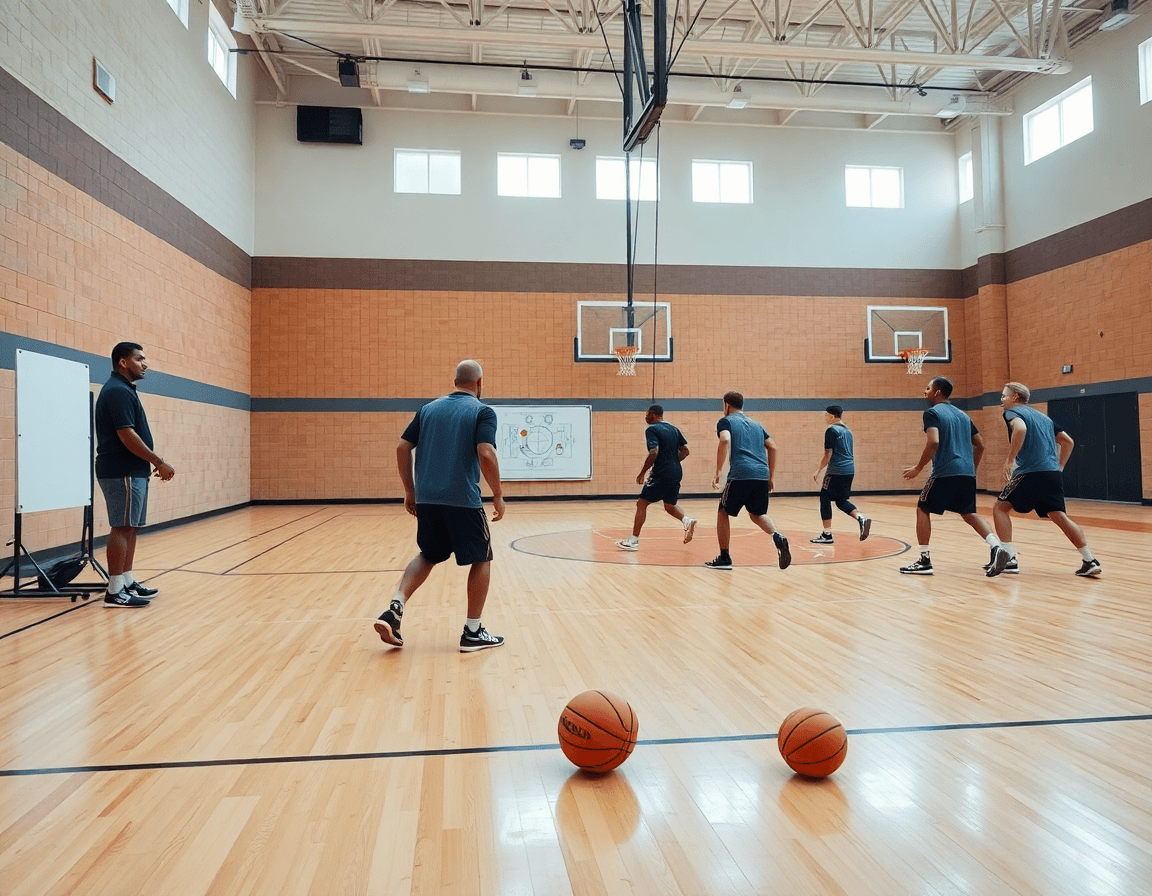 Scena ampia in palestra di basket: coach mostra la difesa individuale basket durante l'allenamento.
