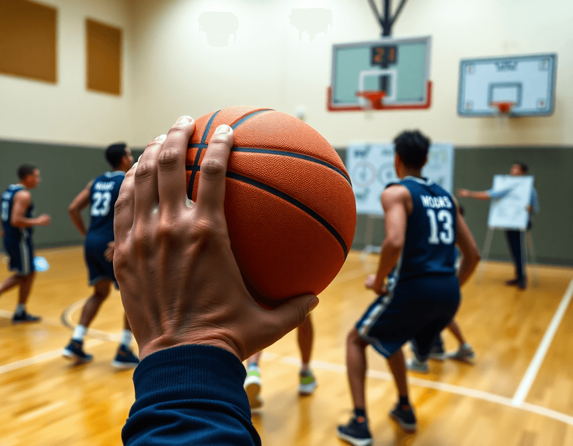Primo piano sulle mani che controllano una palla arancione durante un drill di difesa post basso basket.