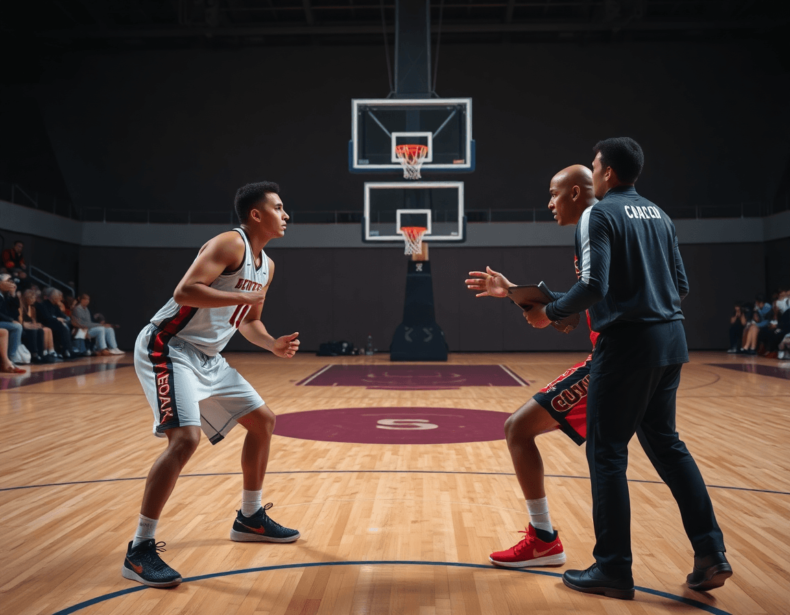 Due giocatori in post basso duellano vicino al blocco mentre l'allenatore indica rotazioni sul libro di tattiche basketball.