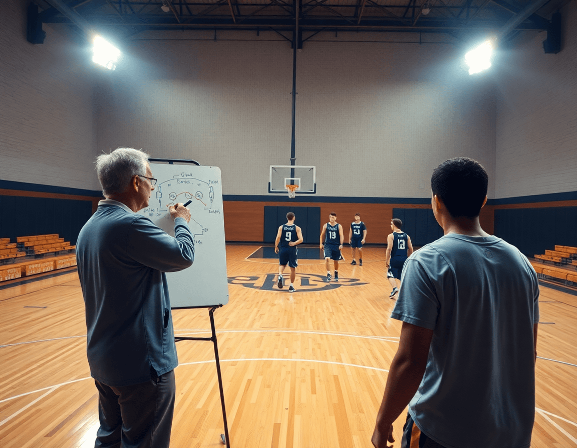 Scena ampia di coach che spiega schemi difensivi durante la settimana di lavoro basketball.