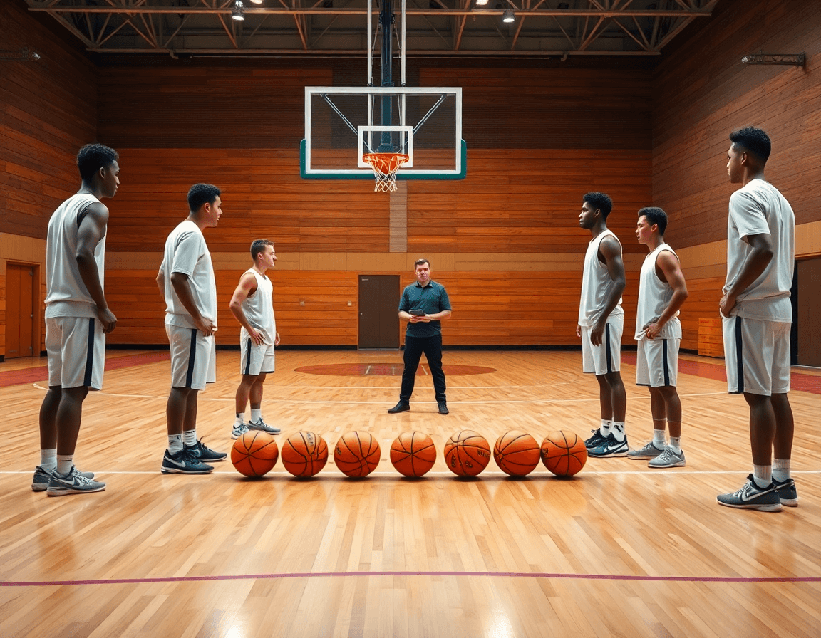 Cinque giocatori abiti da allenamento osservano una basket difesa a uomo sul parquet di legno, guidata dal coach.