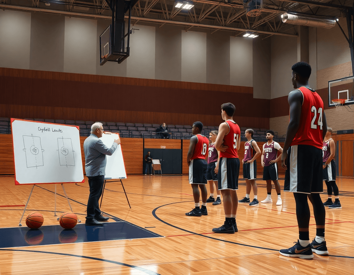 Scena in palestra: coach al lato descrive posizioni difensive mentre i giocatori osservano sul parquet basket.