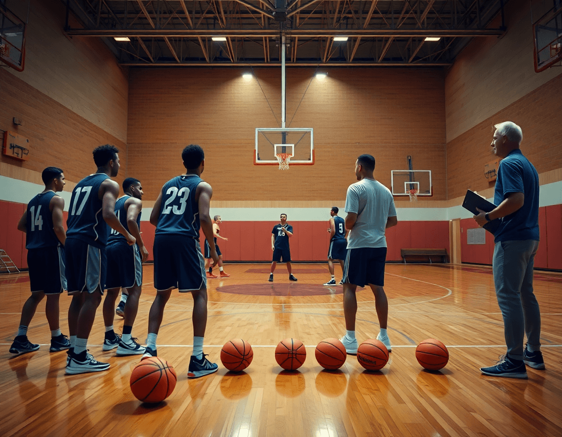 Scena di rotazioni difensive sul campo completo: il coach guida lo spostamento dei giocatori durante l'allenamento basket.