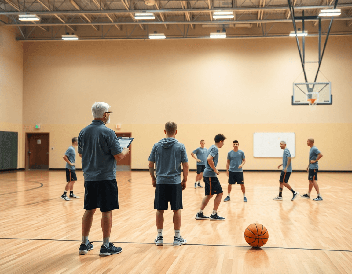 Scena ampia di basket in palestra: coach guida la basket difesa a uomo durante l'allenamento.