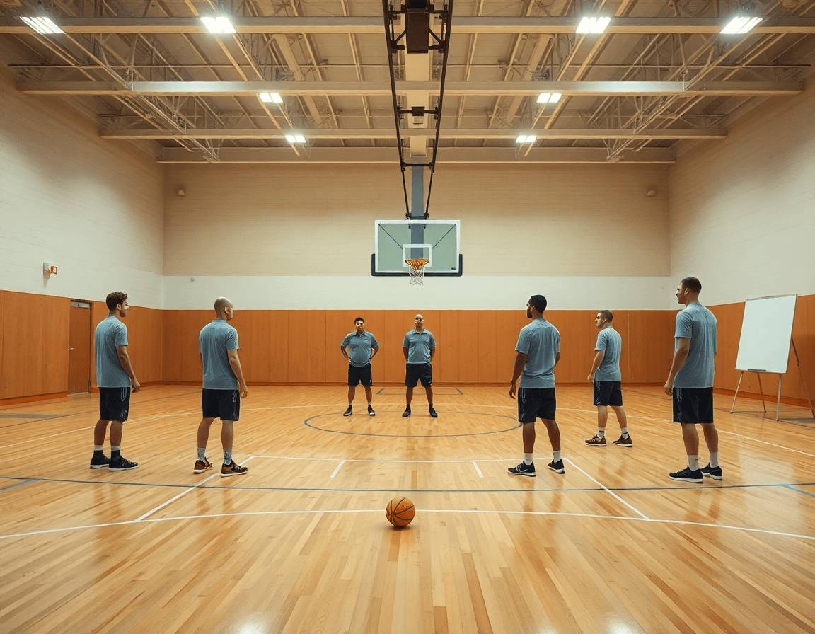 Allenamento settimanale di basket: basket difesa zona 3 2 in campo, coach indica le rotazioni.