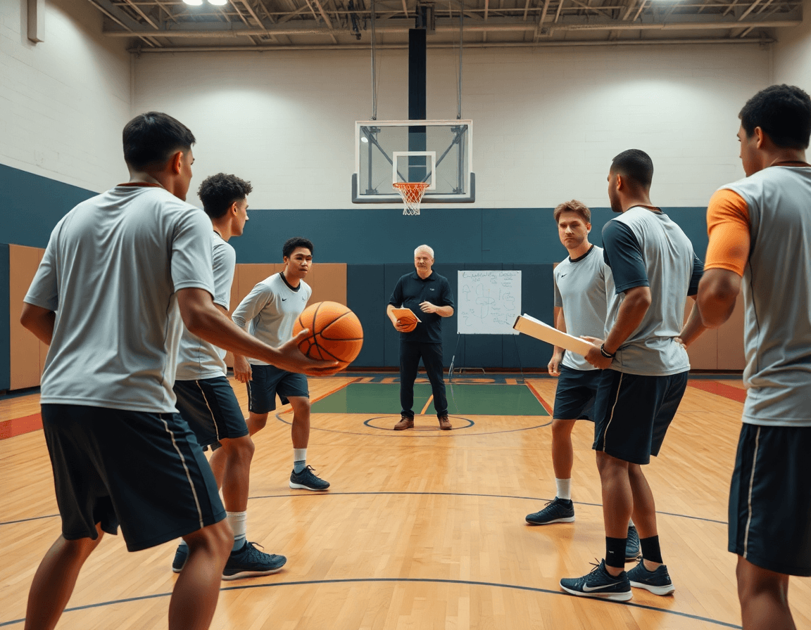 Dettaglio della difesa a zona basket 2 1 2 in azione su un campo da palestra, coach guida.