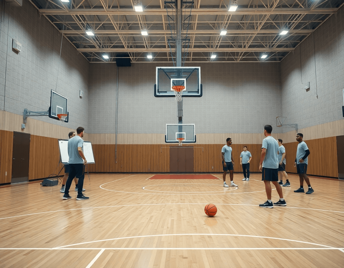 Scena ampia di palestra di basket: coach e squadra in azione, difesa a zona basket 2 1 2.