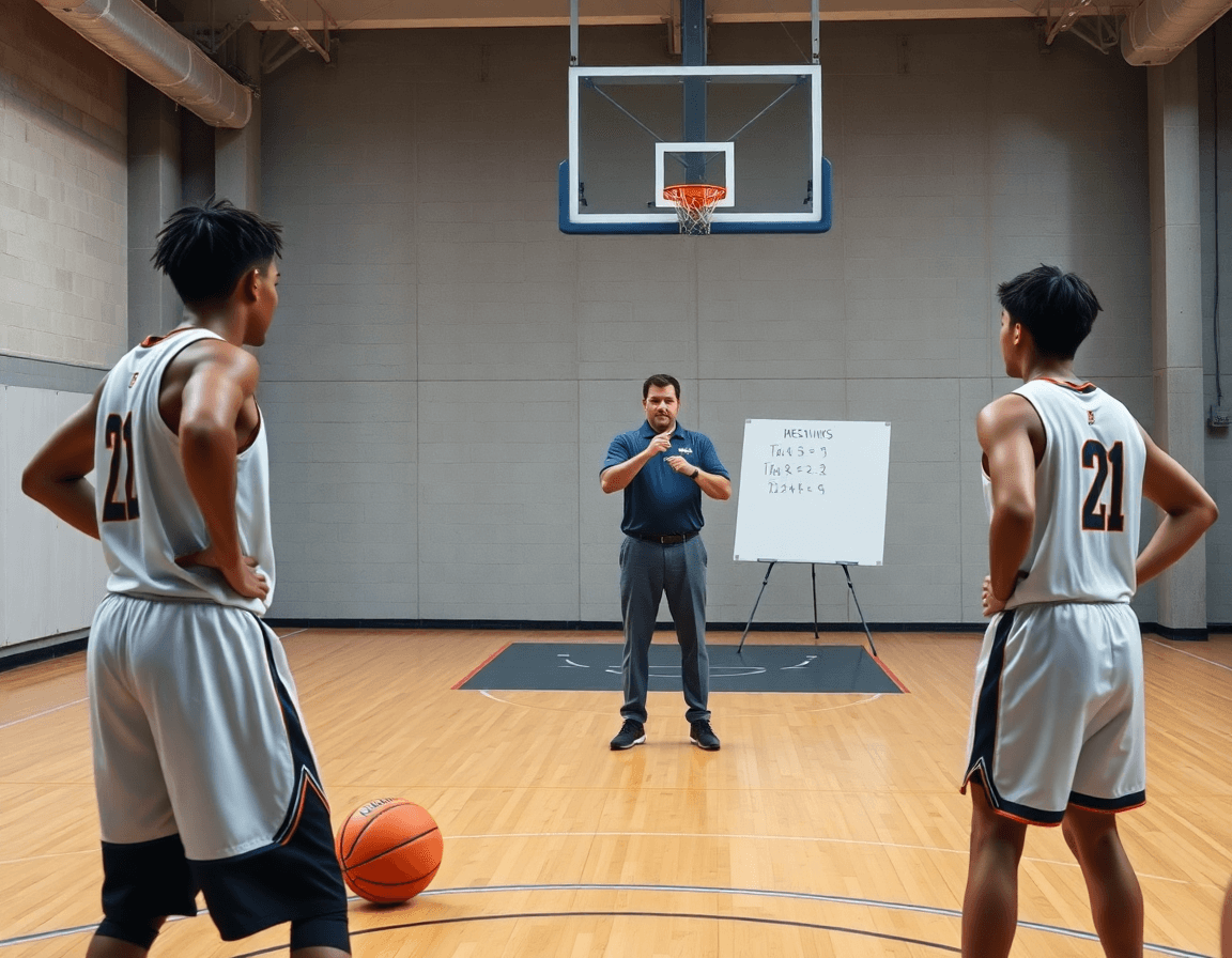 Allenatore guida una sessione di difesa zona basket durante un drill shell con 3-2 e 2-3 sul campo.