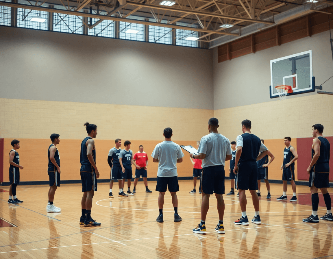 Giocatori in formazione 3-2 e 2-3, coach con clipboard mostra rotazioni della difesa zona basket.