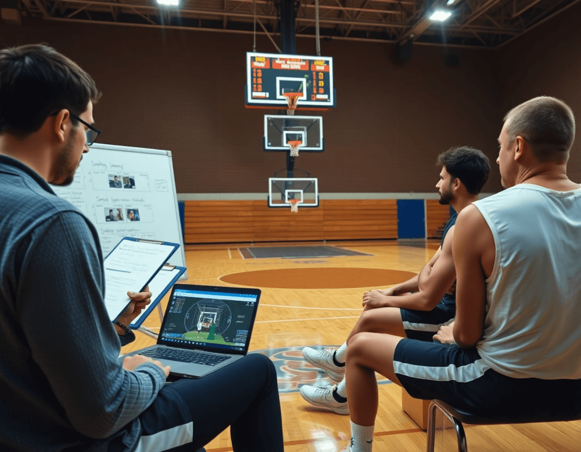 Coach mostra piano settimanale della difesa zona basket mentre i giocatori guardano clip video.