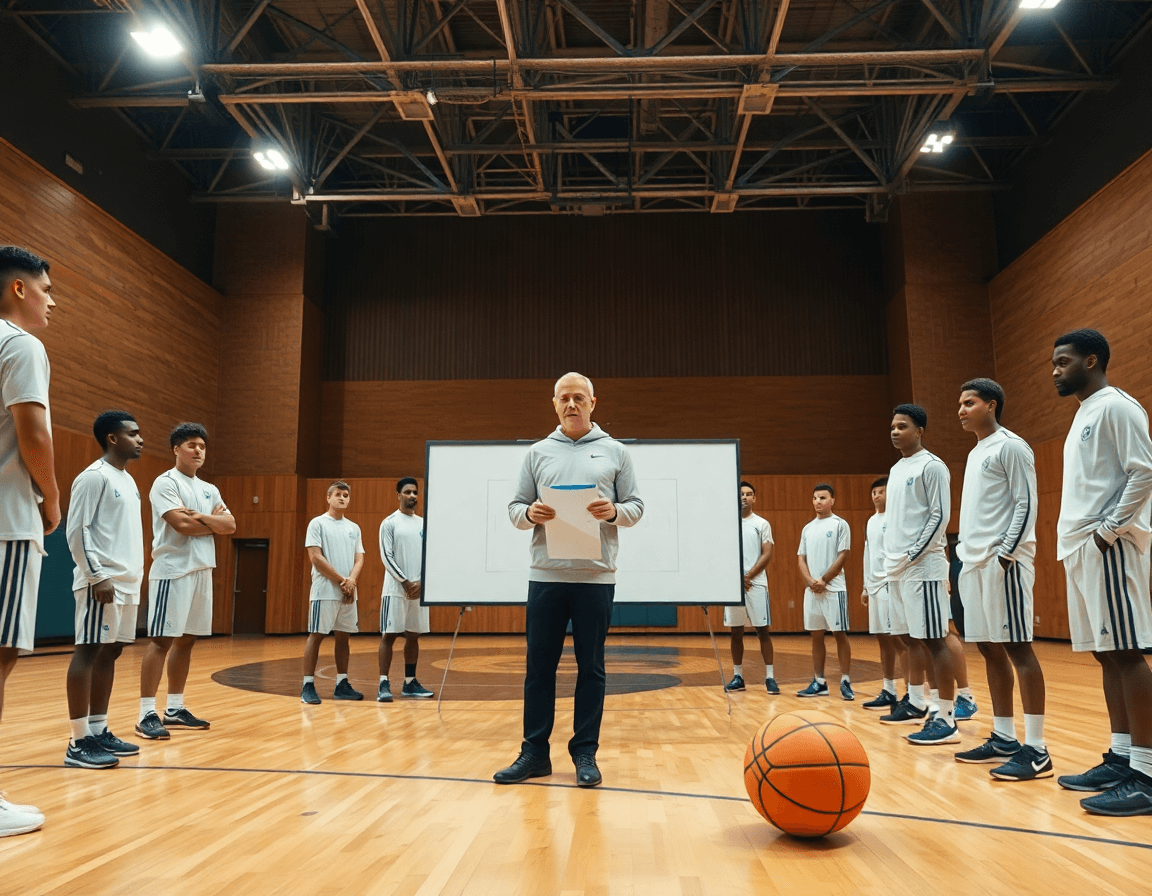 Allenatore guida la difesa zona basket ai giocatori durante l'allenamento in palestra, scena realistica.