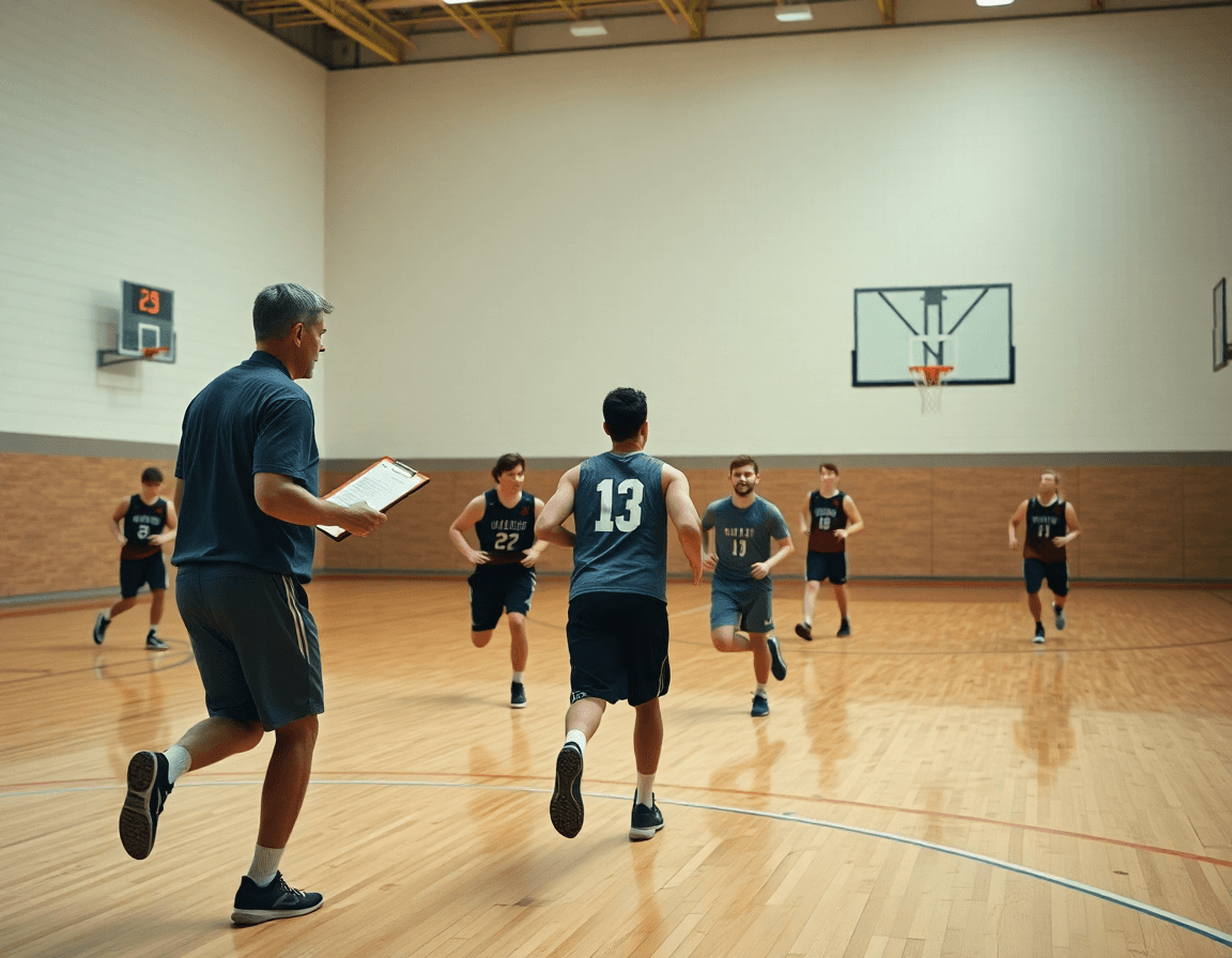 Momento di squadra: esercizi attacco basket in transizione completo, coach coordina tocco di campo offensivo.
