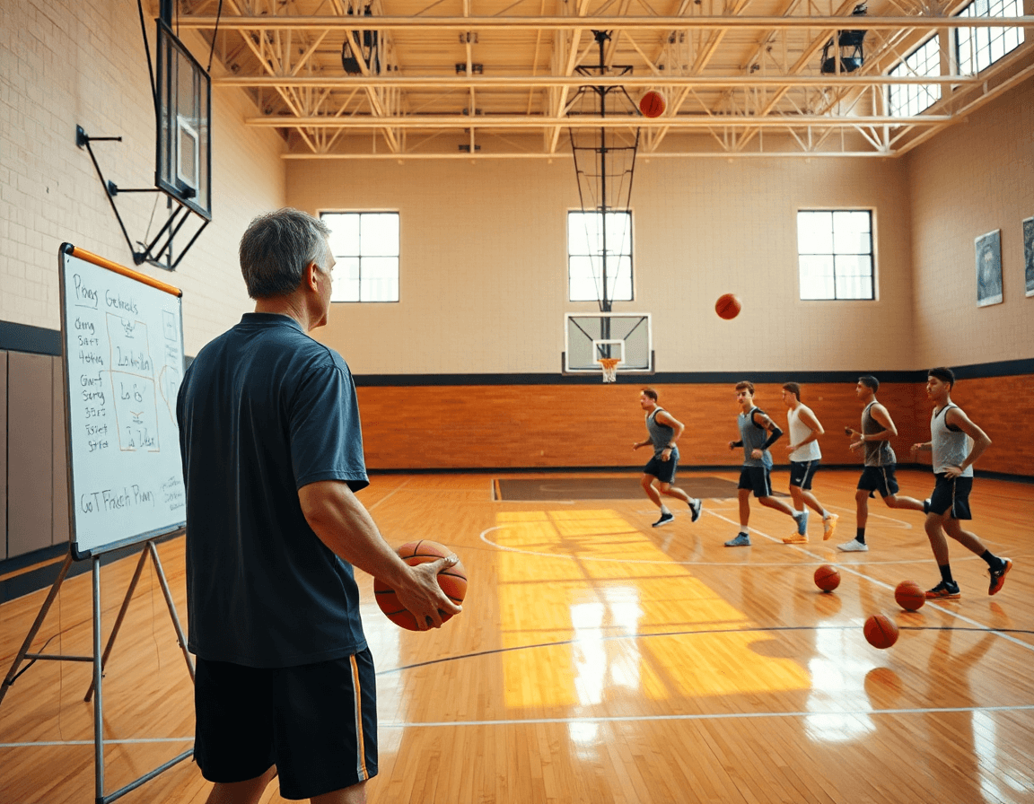 Scena di allenamento: esercizi attacco basket in palestra, coach mostra tattiche su una lavagna.