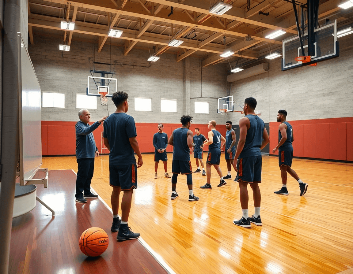 Allenatore spiega esercizi basket aiuto e rotazione durante l'allenamento in palestra con i giocatori.