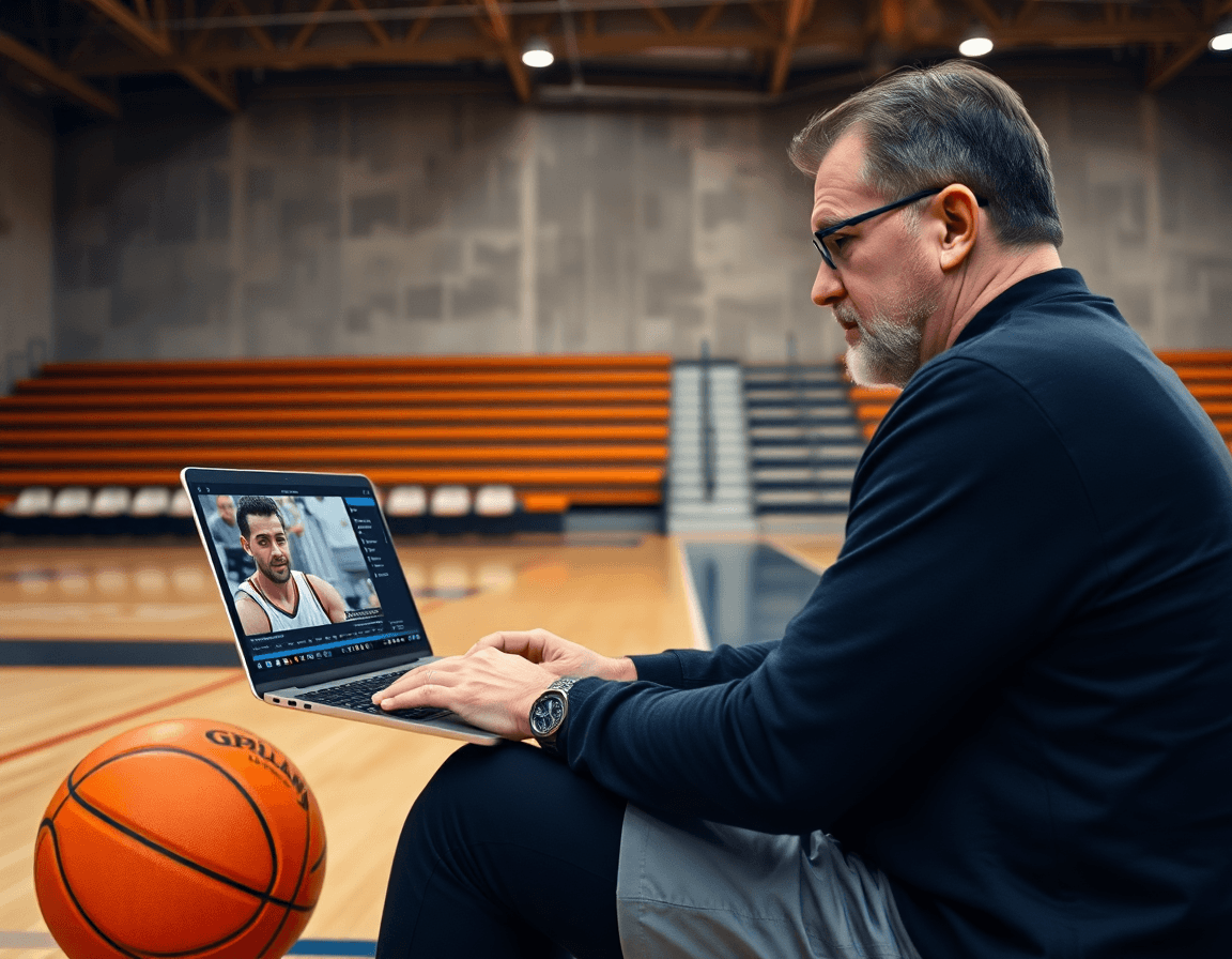 Allenatore rivede esercizi basket aiuto e rotazione su laptop, archiviando clip di basket.