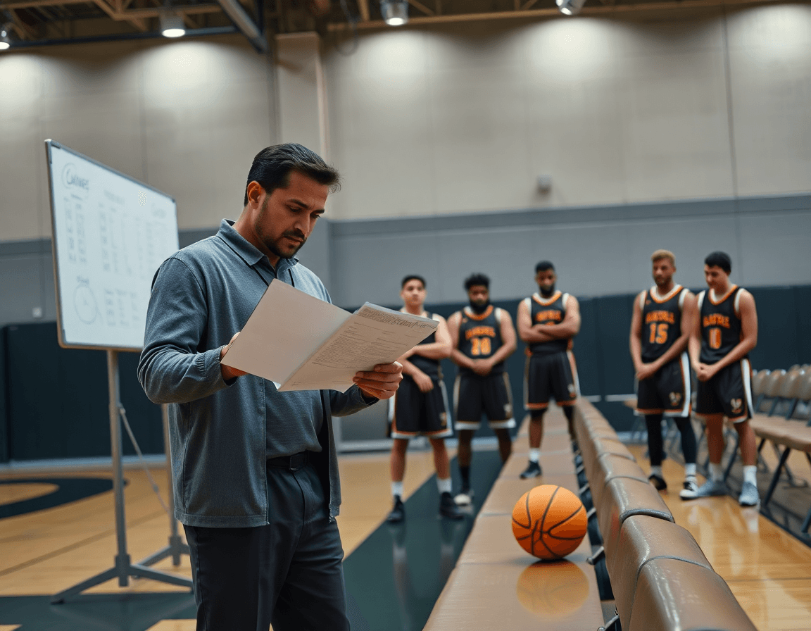 Assistente coach annota report di scouting per avversari e rotazione, legando esercizi basket aiuto e rotazione.