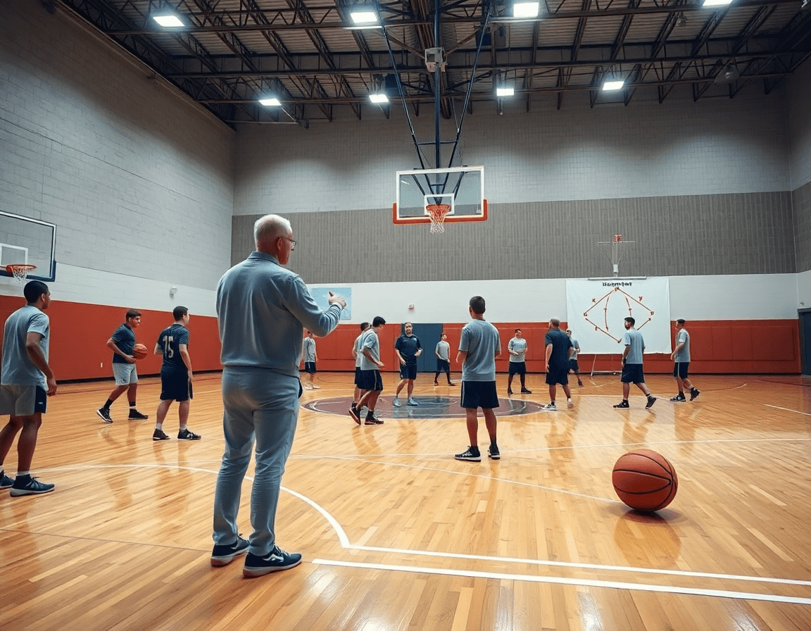 Il coach spiega esercizi basket aiuto e rotazione durante l'allenamento in palestra con i giocatori.