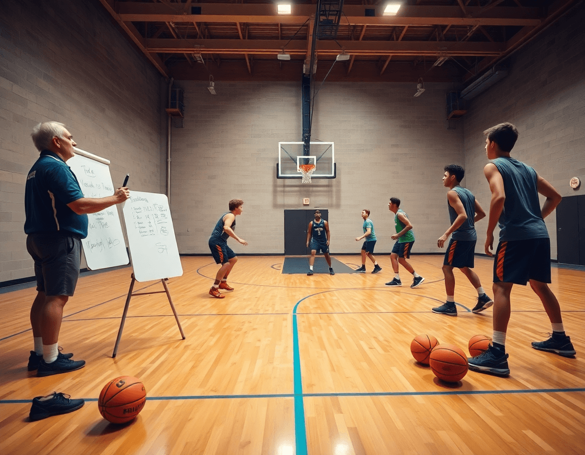 Scena ravvicinata di esercizi basket femminile: coach guida drill tattici e tecnica.