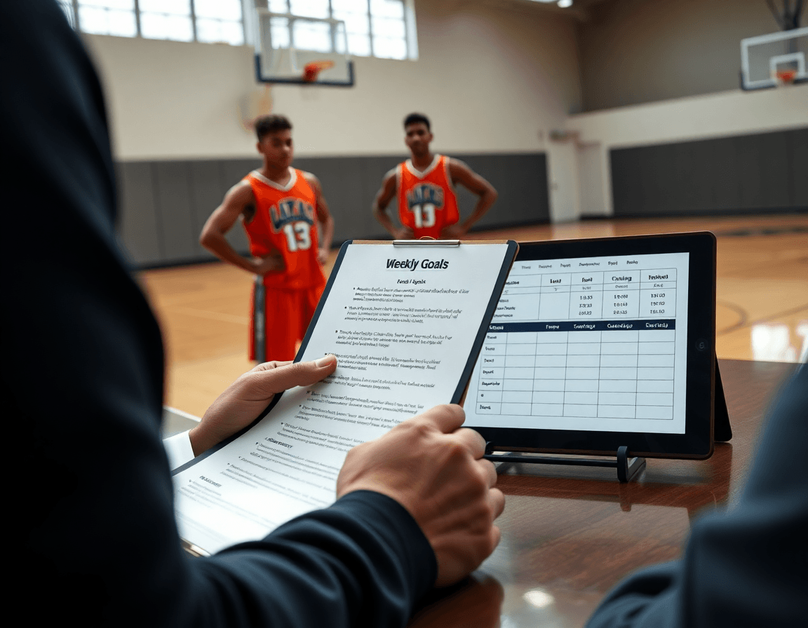 Primo piano su obiettivi settimanali per esercizi basket femminile e progressi del team.