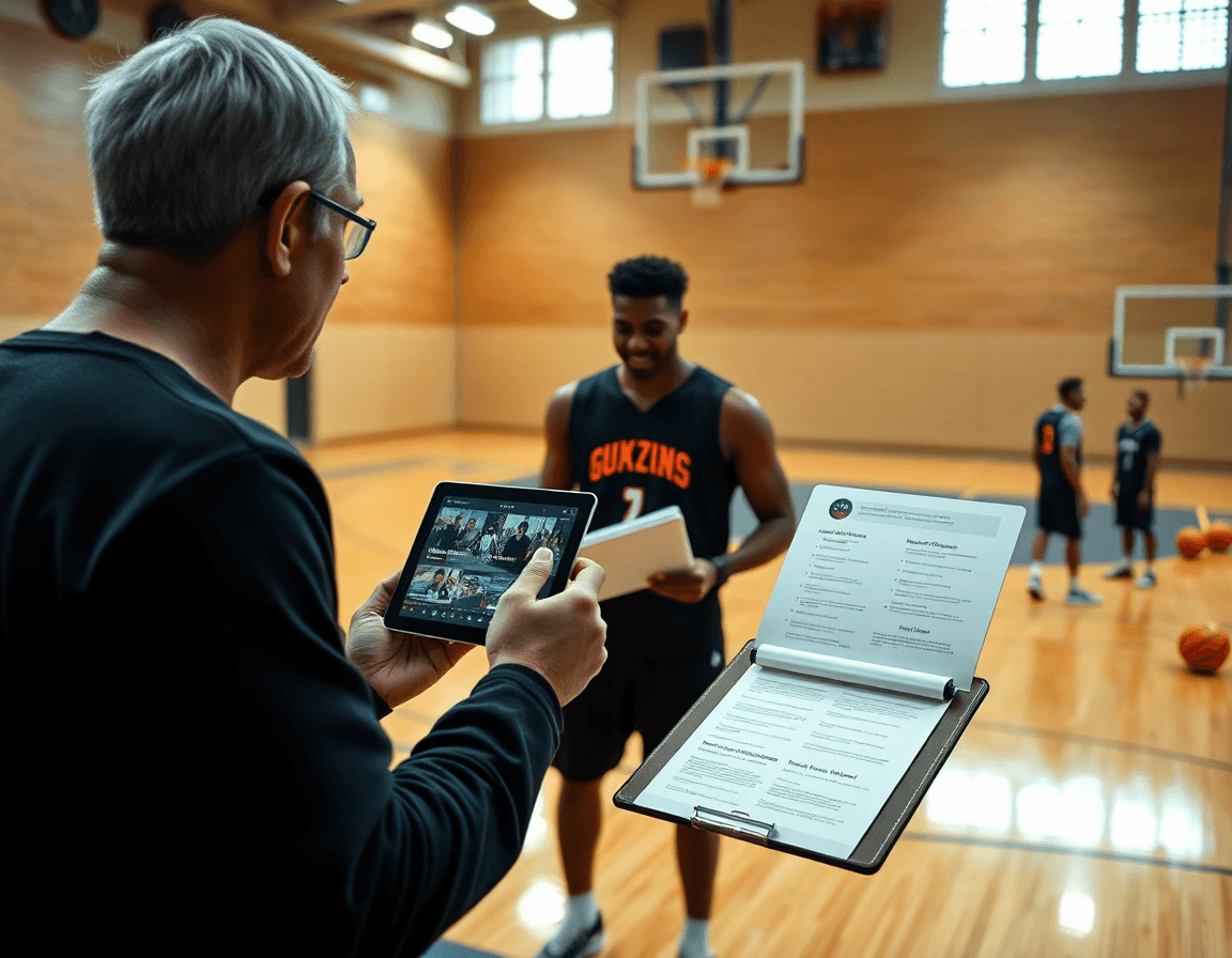 Scatto vicino a una playlist video di esercizi basket femminile, coach e giocatrici concentrati.