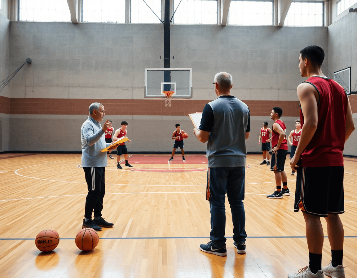 Scatto panoramico di allenamento di esercizi basket femminile con coach e squadra in palestra.