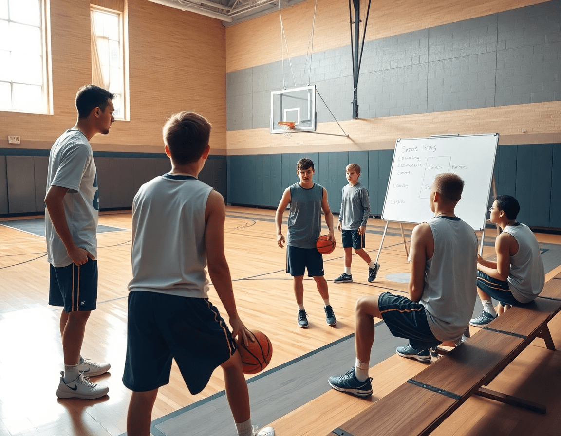 Scena dinamica di esercizi basket giovanile durante il piano settimanale, coach indica la lavagna tattica.