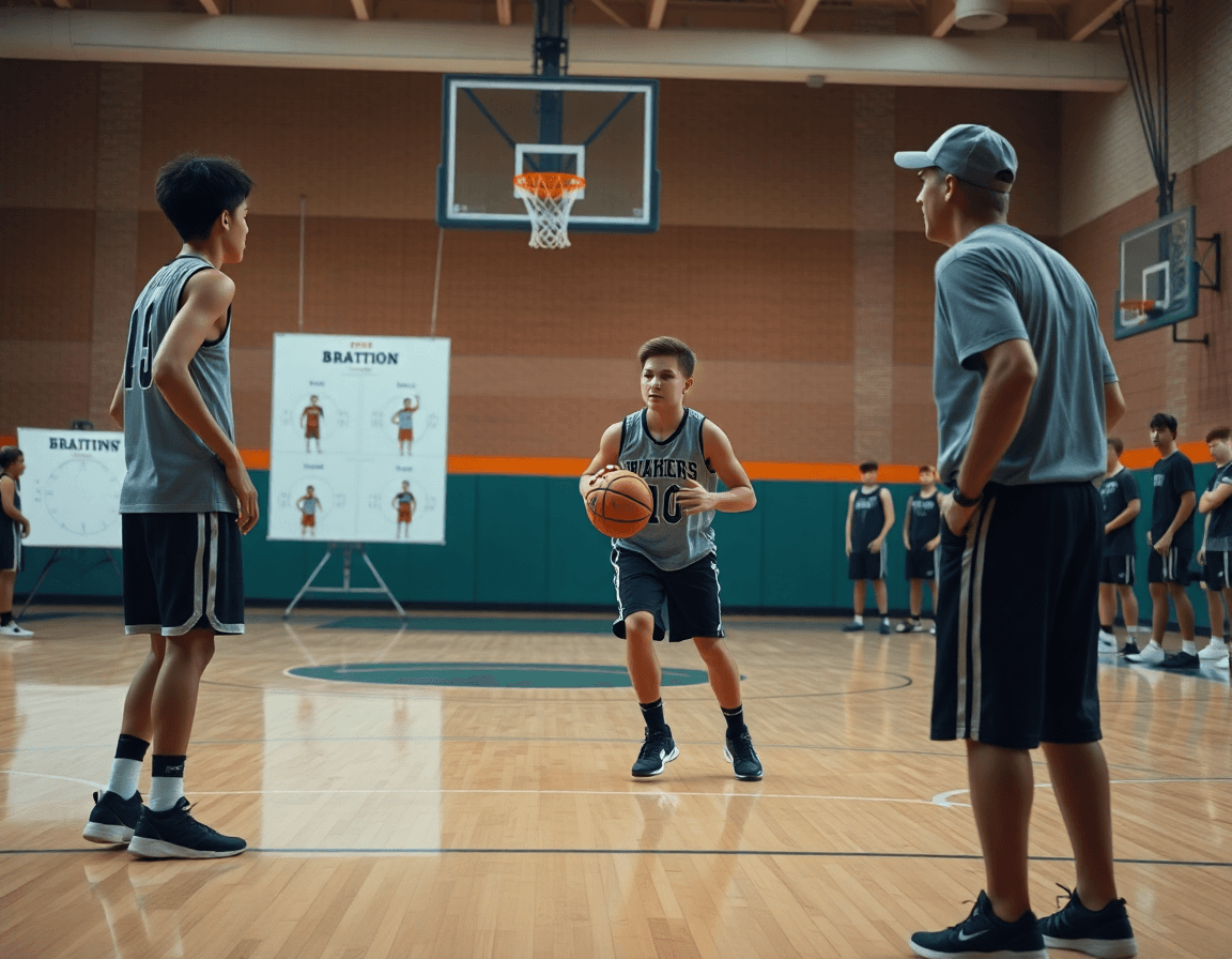 Due giovani difensori partecipano a esercizi basket giovanile con rotazioni difensive, coach aiuta con la lavagna tattica.