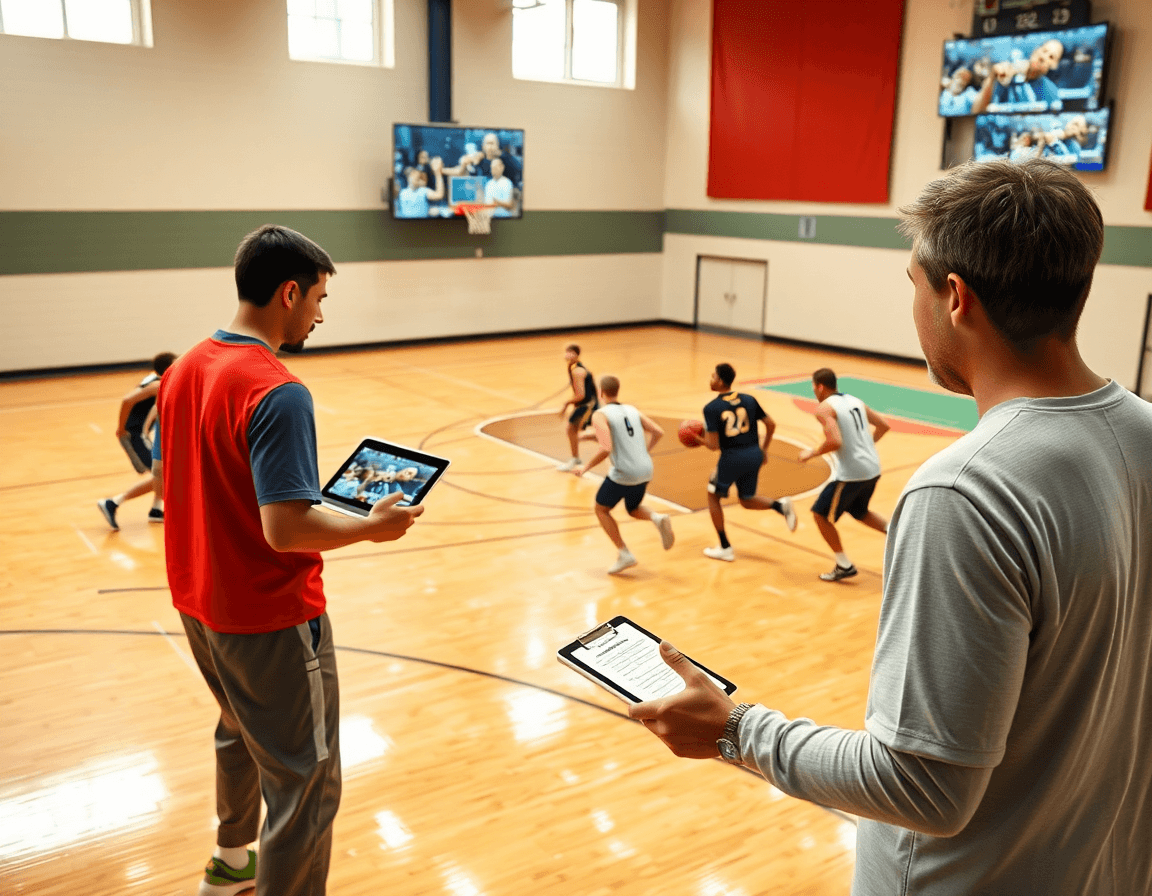 Coach mostra esercizi basket giovanile su tablet mentre i giovani eseguono una sequenza pratica sul campo.