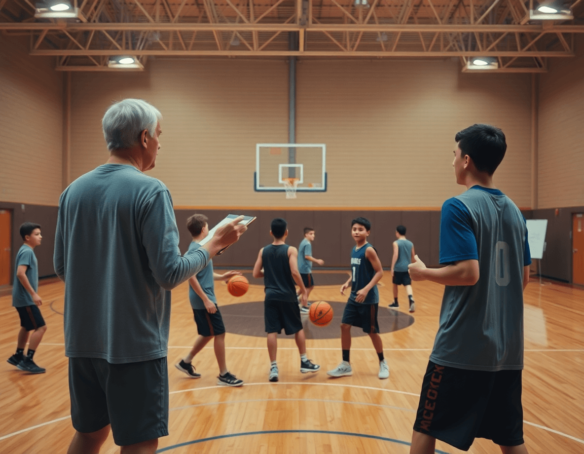 Panoramica di basket giovanile in palestra, coach e giocatori eseguono esercizi basket giovanile.