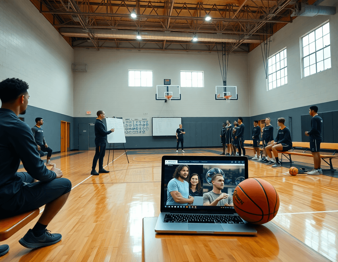 Scena ampia in palestra di basket scuola media con allenatore, lavagna e piano settimanale.