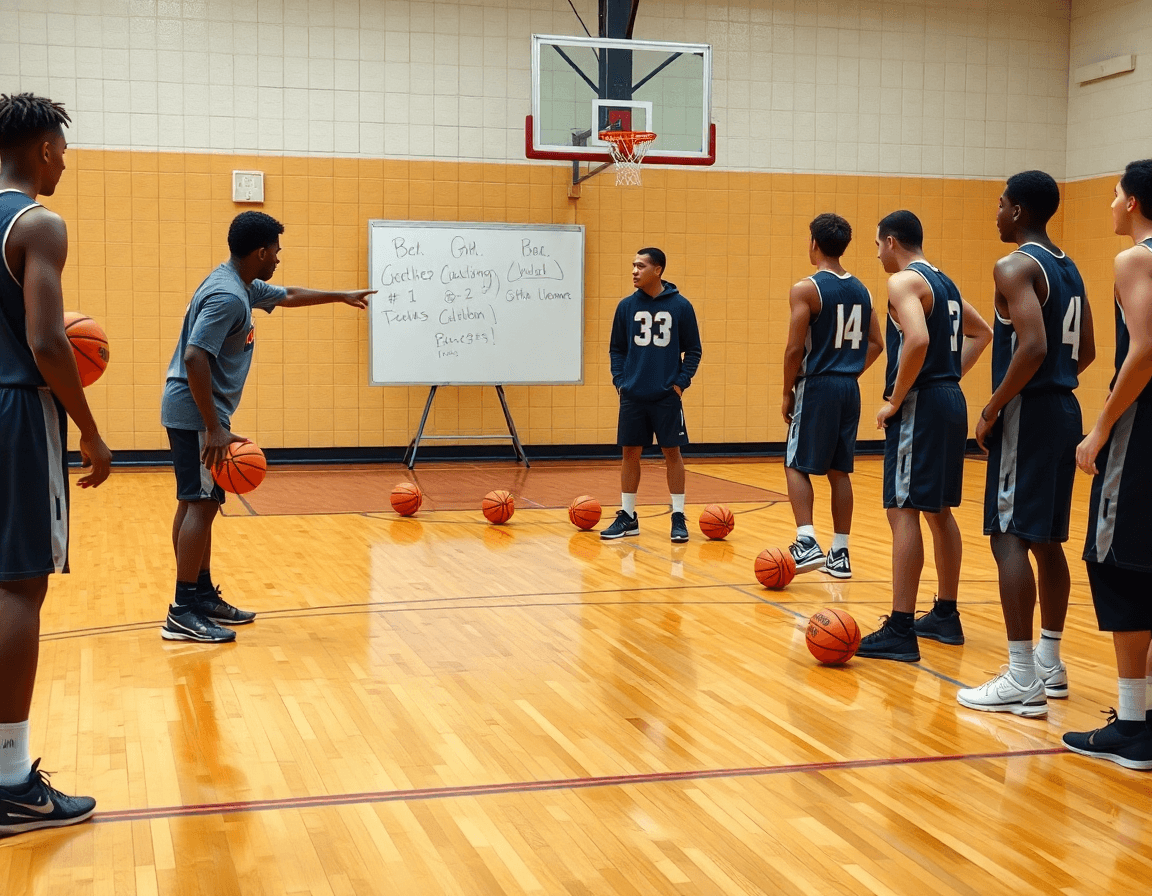 Scena di esercizi basket scuola superiore: coach guida la squadra in un repertorio di basketball.