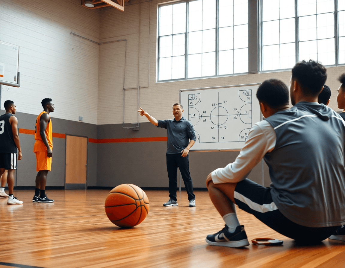 Allenatore mostra tattiche per esercizi basket scuola superiore; lavagna tattica e giocatori HS osservano.