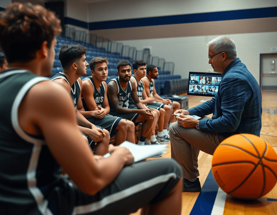 Analisi scouting per esercizi basket scuola superiore: coach mostra clip su laptop mentre i giocatori HS prendono appunti.