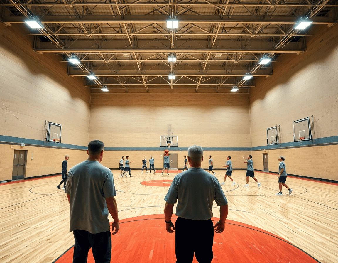 Scena di esercizi basket scuola superiore: coach guida la squadra in un repertorio di basketball.