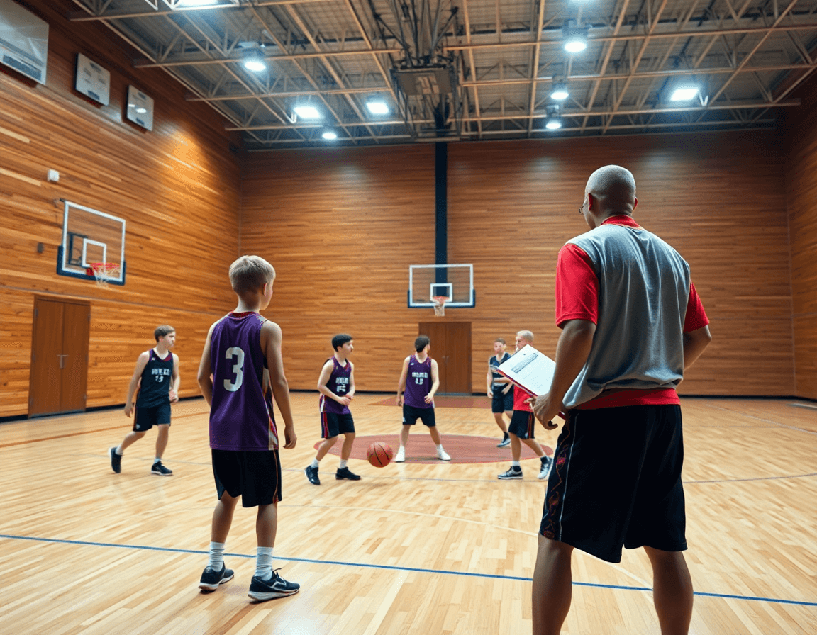 Scena ampia di basket in palestra: allenatore guida esercizi basket u13 durante l'allenamento settimanale.
