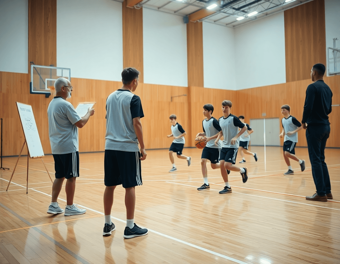Esercizi basket U14 in palestra di basketball; l'allenatore guida la transizione tra drill.