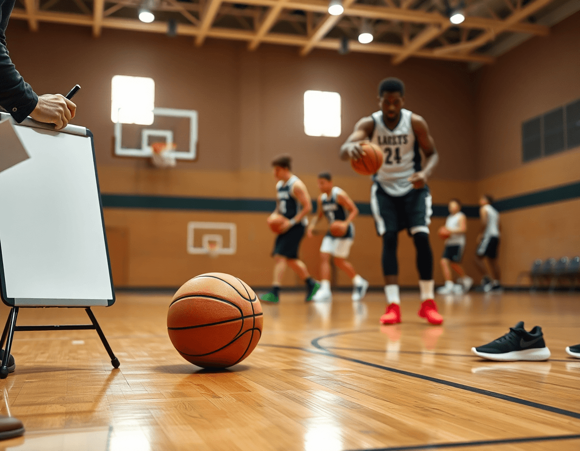 Primo piano su allenatore e giocatori con gli esercizi basket under 13 durante una fase di drill.
