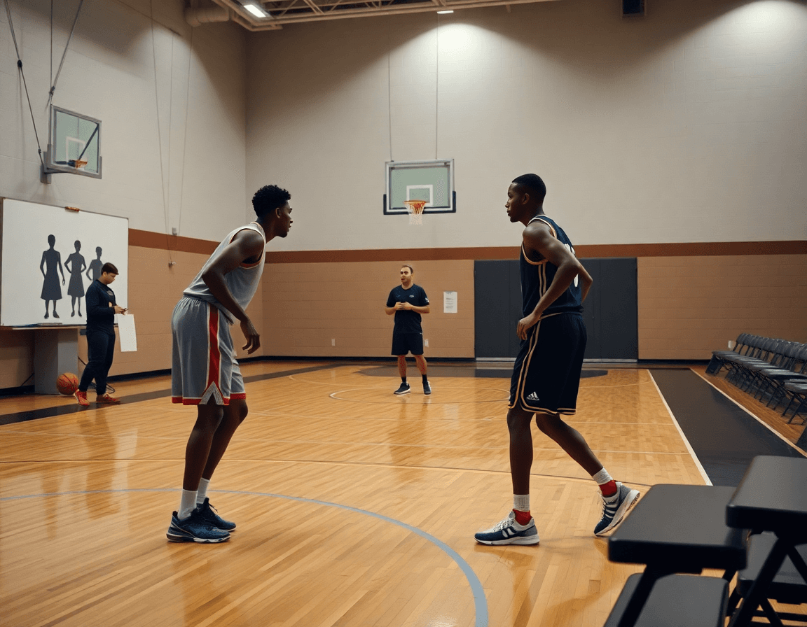 Due giocatori si sfidano in uno contro uno sul parquet, coach osserva durante esercizi basket under 13.