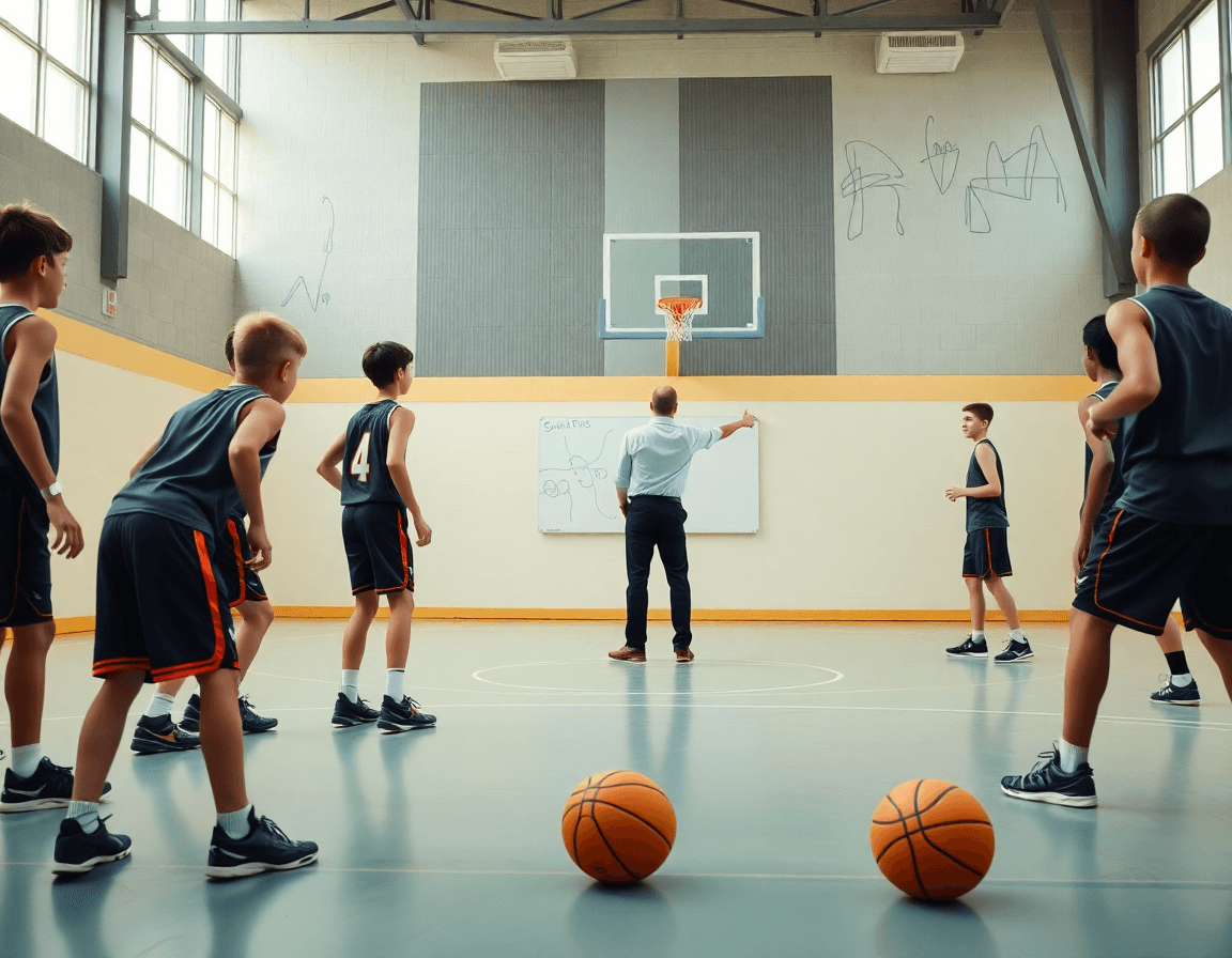 Scena difensiva in palestra con giovani giocatori basket under 13; esercizi basket under 13 su layout visivo.