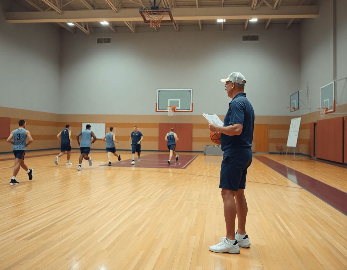 Allenatore guida esercizi basket under 13 in palestra durante una sessione di allenamento sul campo.