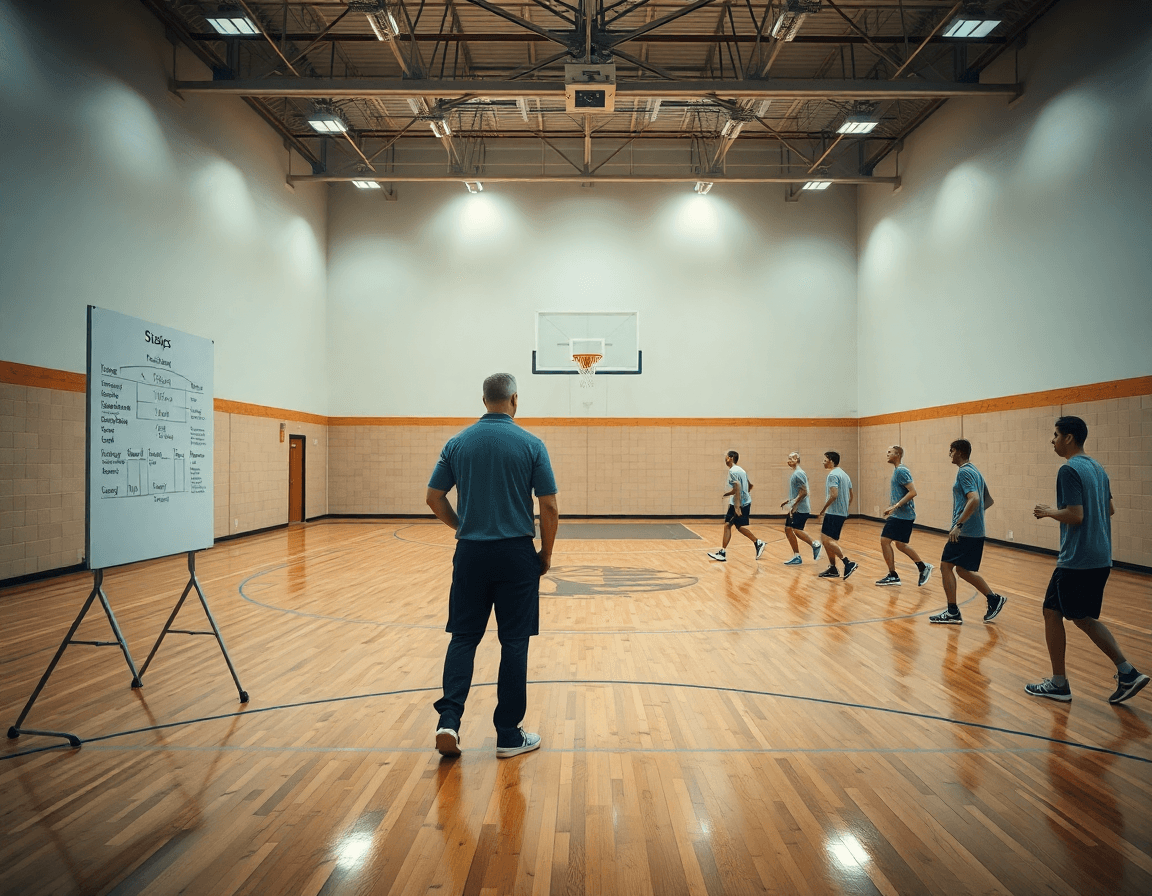 Allenamento di esercizi blocchi basket nella palestra: coach guida la squadra durante la sessione.