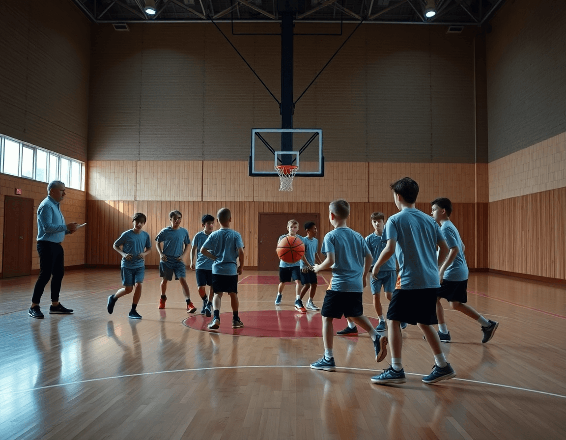 Allenatore e squadra Under 13 praticano contropiede nel basketball in palestra, scena ampia.