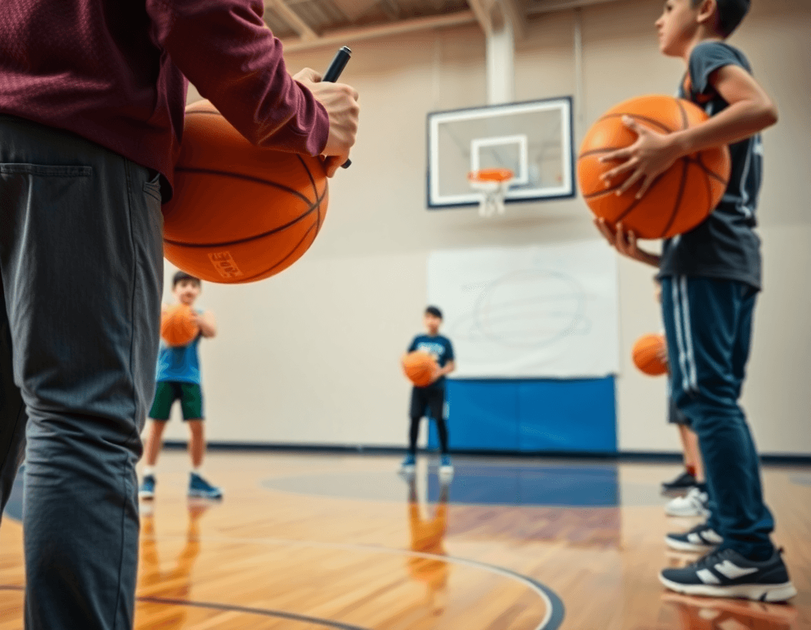 Dettaglio mani dell'allenatore su una whiteboard durante esercizi di tiro basket under 13.