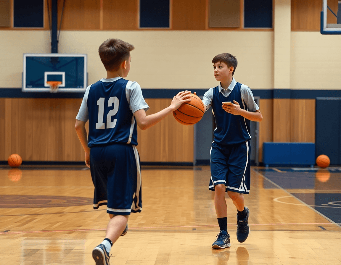 Due giovani giocatori eseguono passaggi e movimenti vicino alla linea tre punti durante tiri di basket Under 13.