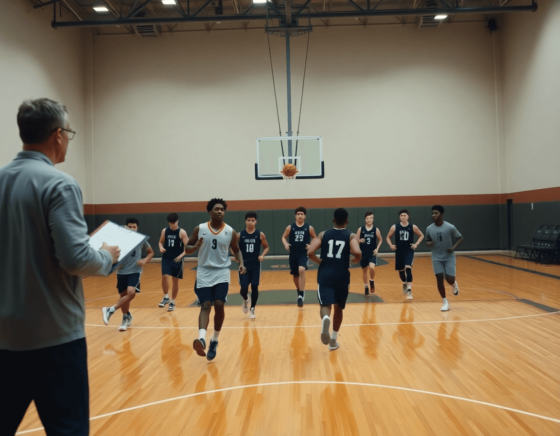 Scena completa di giocatori che corrono lungo il campo di basket, tiri Under 13 guidati dal coach.
