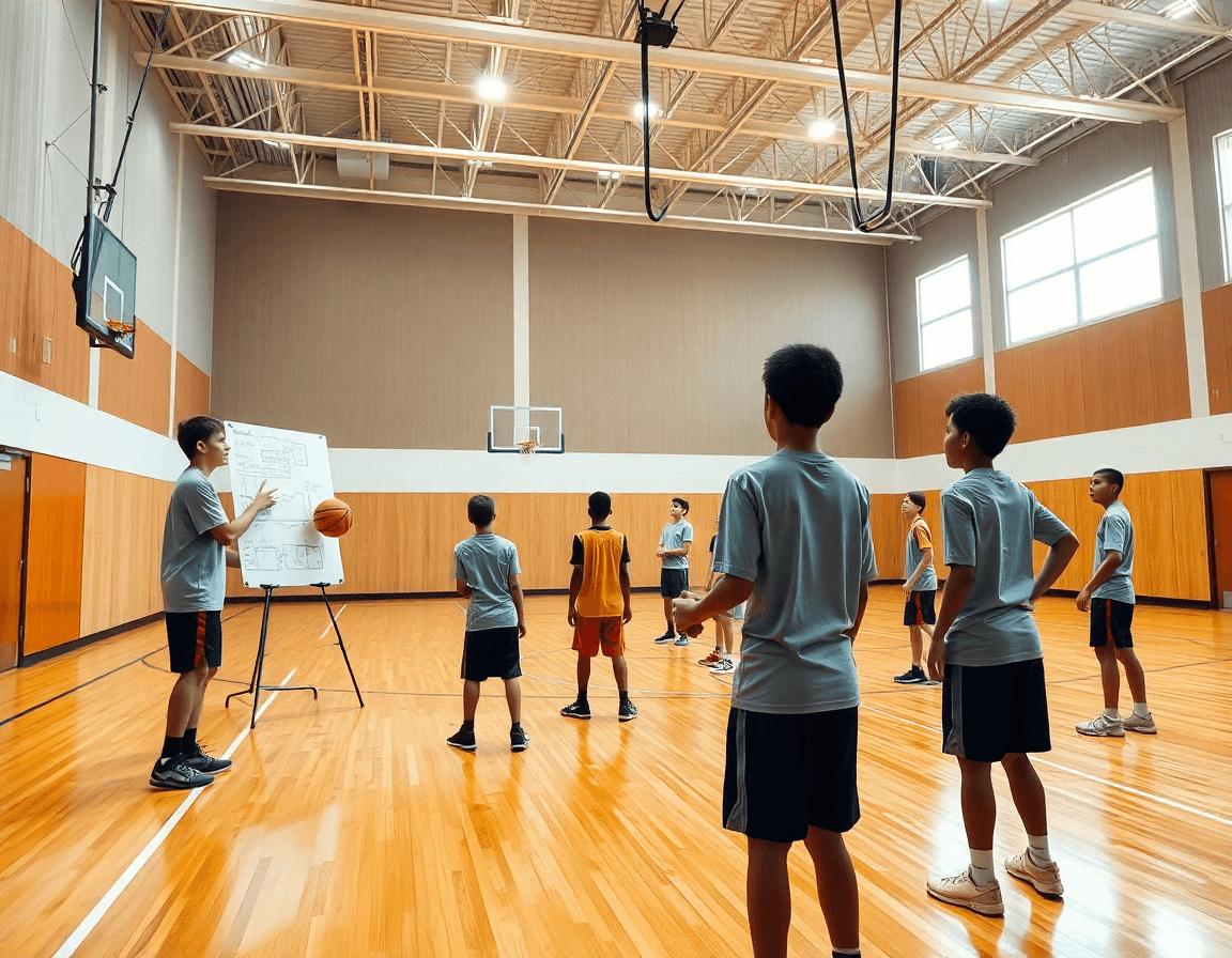 Scena ampia in palestra di basket, esercizi di tiro basket under 13 guidati da un coach.