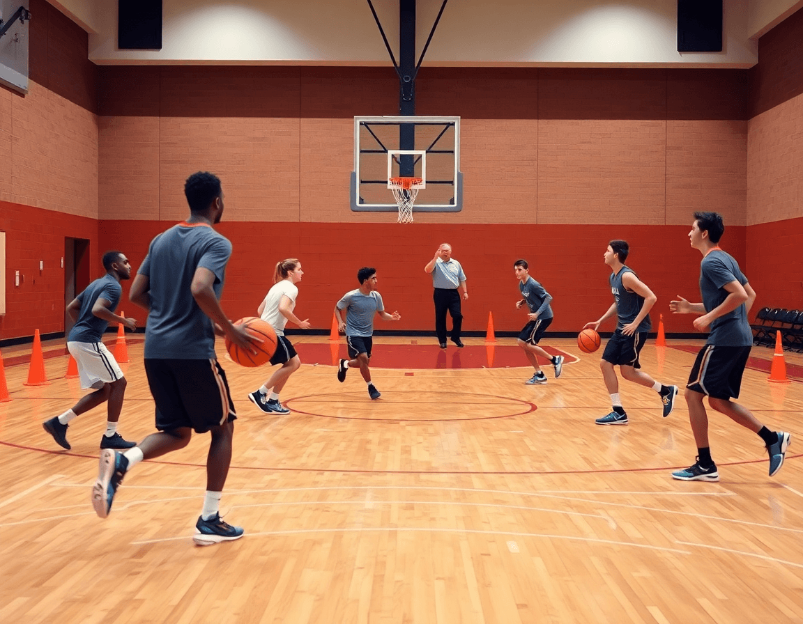 Primo piano: giocatori in movimento eseguono 2c2/3c3 sul parquet, pallacanestro under 16, coach dirige e osserva.