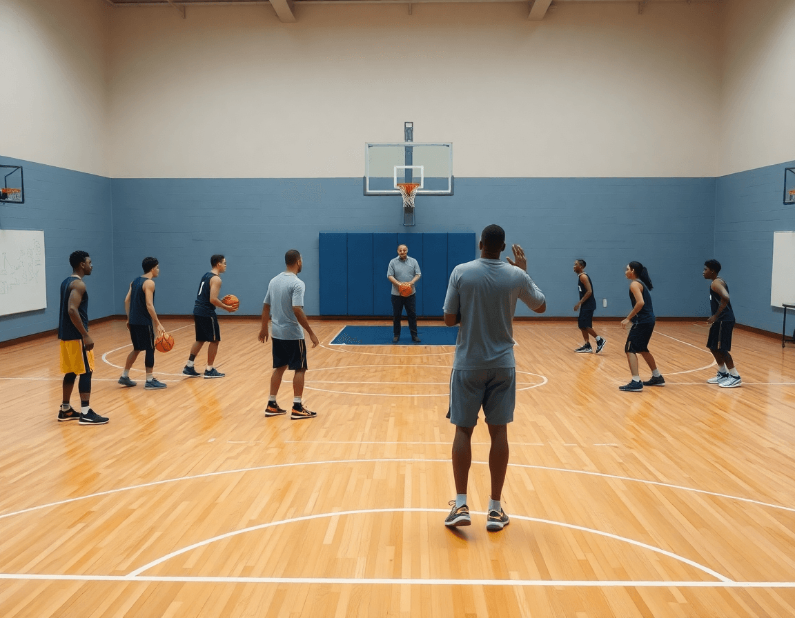 Secondo piano: esercizi di tiro e movimento 2c2/3c3 sul parquet, pallacanestro under 16, coach guida.