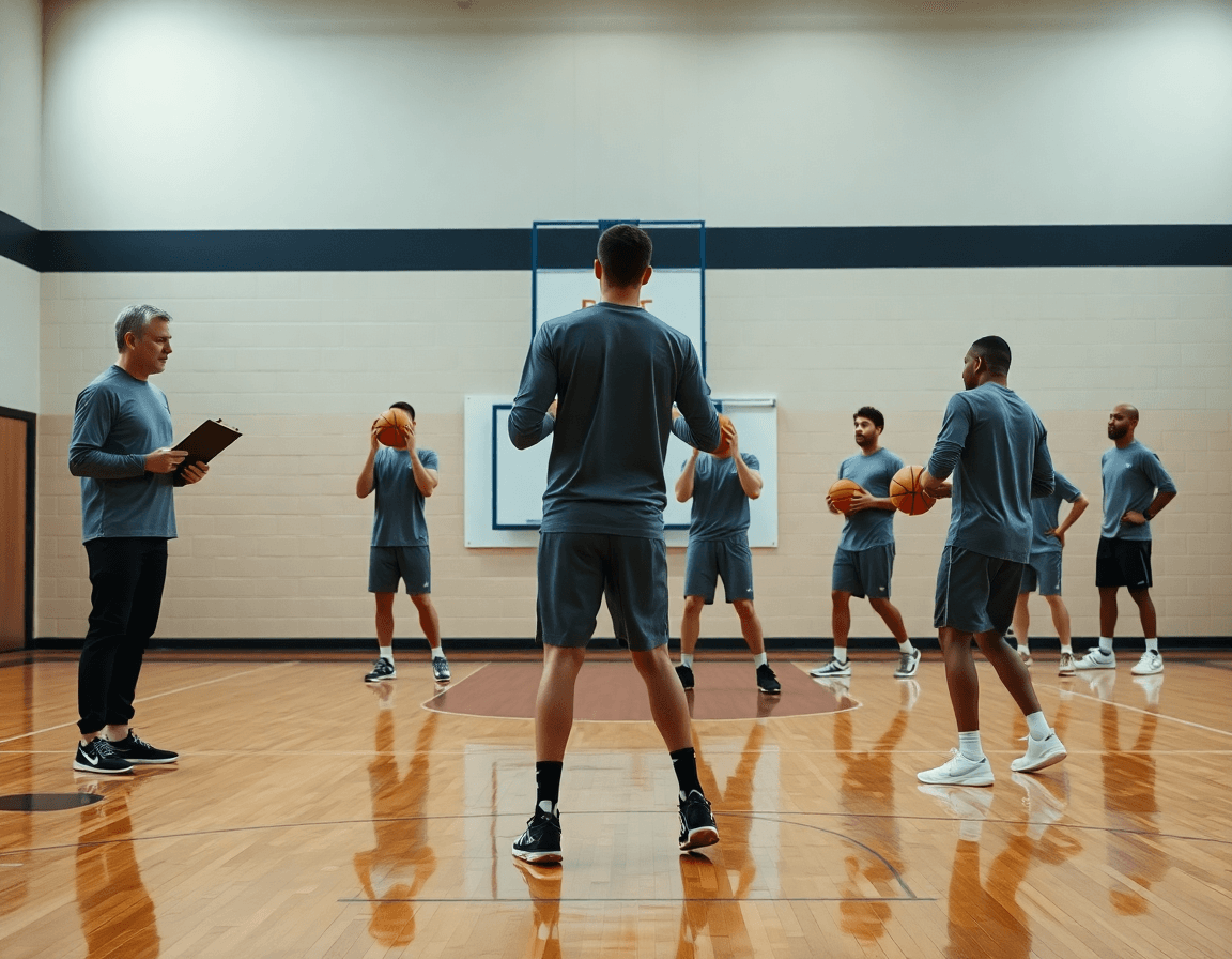Scena ampia di pallacanestro in palestra, esercizi di tiro basket under 16 guidati da un coach.